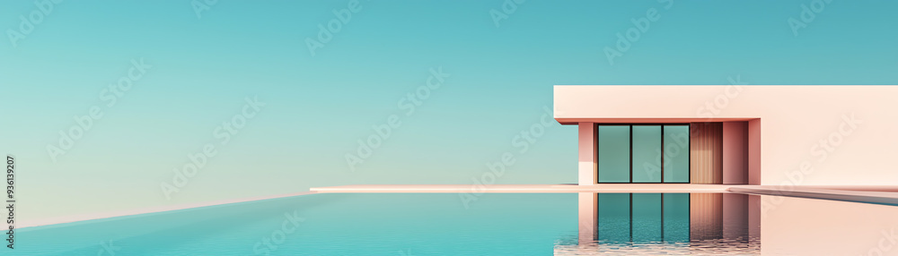 A modern house with a serene pool, blending minimalist architecture and vibrant colors against a tranquil sky. A modern house with a serene pool, blending minimalist architecture and vibrant colors against a tranquil sky.