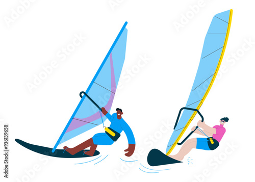 Windsurfing illustrations duet. Happy males windsurfing, standing on a sail board. Advanced windsurfers. Outdoor water sport activities. Modern flat vector illustration.