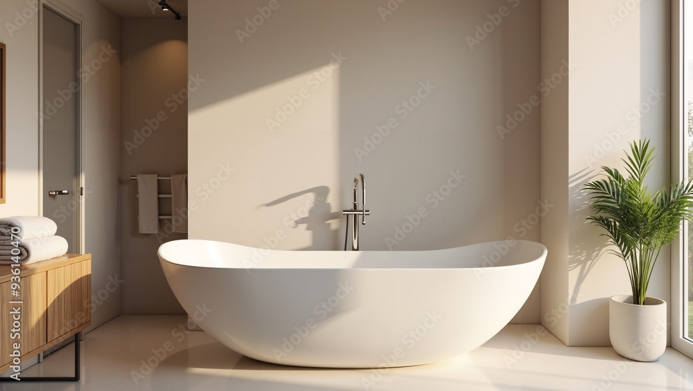 Modern Bathroom with Freestanding Tub and Natural Light. White minimal and clean. Modern Bathroom with Freestanding Tub and Natural Light. White minimal and clean.