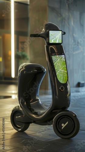 Wallpaper Mural A black electric scooter with a screen displaying a map in an indoor setting, hinting at navigation features. Emphasis on safety with a helmet nearby. Modern tech vibes with warm lighting. Torontodigital.ca