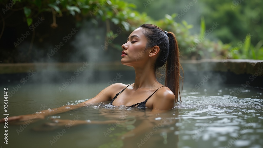 Fototapeta premium Asian Woman Relaxing in Hot Springs with Steam Rising. Skin treatment from mineral water.