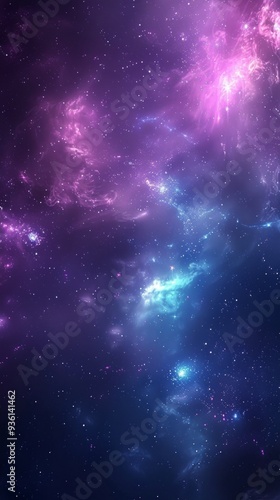 A vivid and colorful depiction of outer space with evenly distributed stars, clouds of gas in light blue and pink, and a swirled effect, creating a dreamy atmosphere.