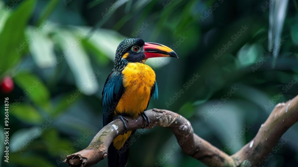 A vividly colored bird perched on a tree branch captured in a close-up photo. Yellow body, red beak, blue head, and serene green foliage backdrop. A vividly colored bird perched on a tree branch captured in a close-up photo. Yellow body, red beak, blue head, and serene green foliage backdrop.