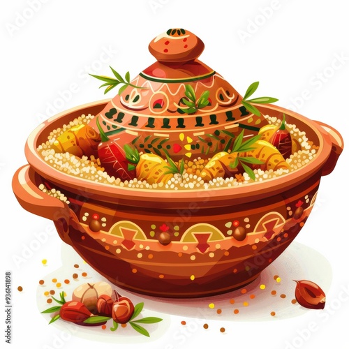 Vector Illustration of Moroccan Tagine with Couscous photo