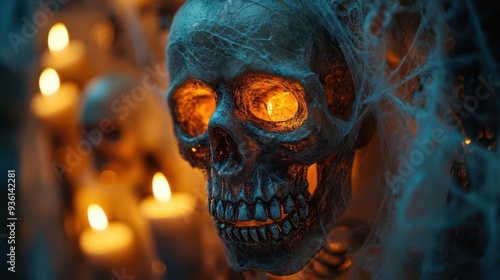 Spooky decorations for a Halloween party, with cobwebs, skeletons, and dim lighting, Creepy, Warm Glow, Detailed photo