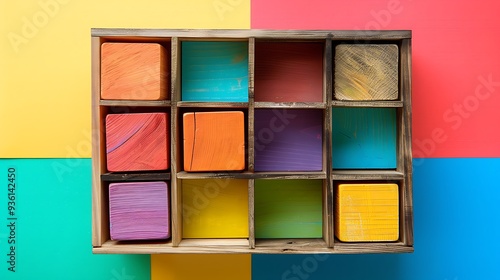 Colorful wooden cubes in a drawer isolated on colorful background