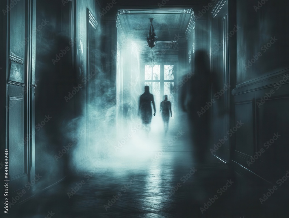 Spooky Halloween night otherworldly figures drifting through a dark, haunted house, captured in eerie lighting, Spooky, Cool Tones, Atmospheric Spooky Halloween night otherworldly figures drifting through a dark, haunted house, captured in eerie lighting, Spooky, Cool Tones, Atmospheric