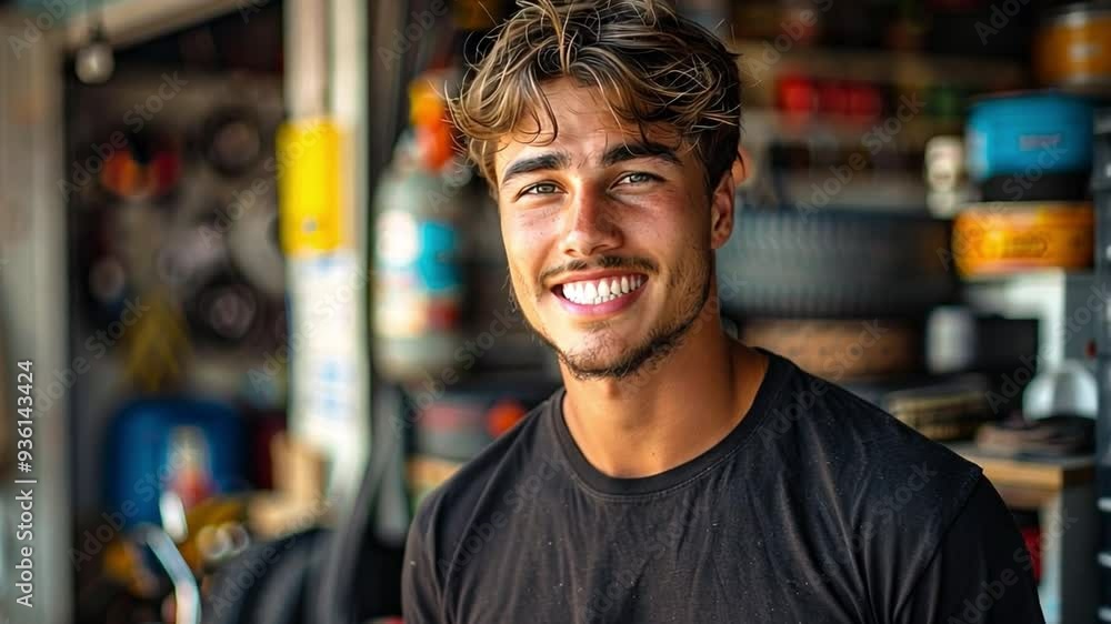 Portraits of a young, rugged mechanic in a workshop setting, exuding confidence and charisma with a relaxed, authentic vibe. Portraits of a young, rugged mechanic in a workshop setting, exuding confidence and charisma with a relaxed, authentic vibe.
