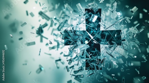 Fragmented medical cross shattering into pieces, healthcare crisis, symbol of broken health system, conceptual image, abstract representation