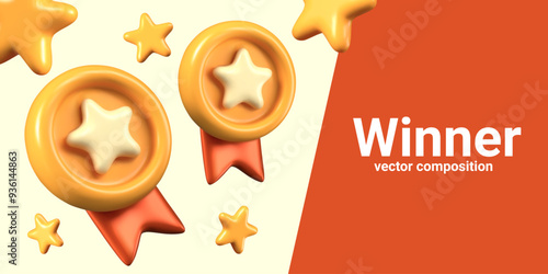 Festive composition for winner. Round medals with ribbons, gold stars in different positions