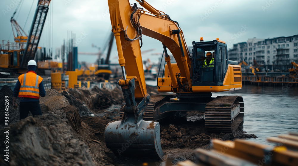 Construction site with an excavator dug in the muddy ground, being operated by a worker in safety gear, and another worker in the foreground wearing an orange safety vest and helmet. Construction site with an excavator dug in the muddy ground, being operated by a worker in safety gear, and another worker in the foreground wearing an orange safety vest and helmet.