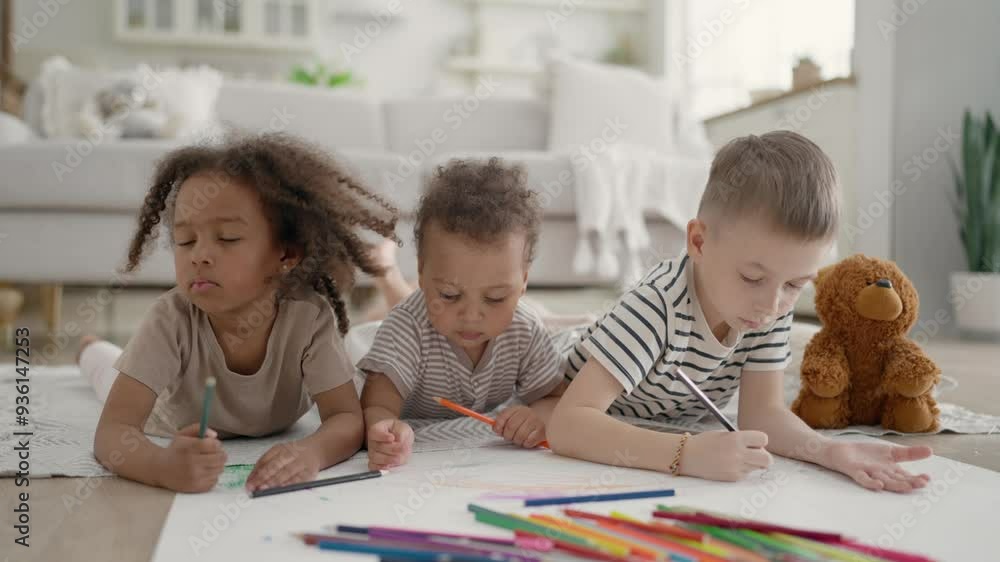 Charming children drawing picture together, calm and happy kids at home. Multiracial children playing in living room, diversity of people ethnicity, childhood and family concept, develop healthy kids Charming children drawing picture together, calm and happy kids at home. Multiracial children playing in living room, diversity of people ethnicity, childhood and family concept, develop healthy kids