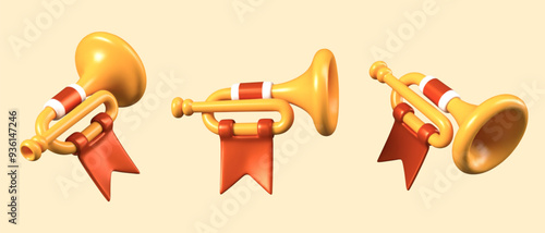 3D horns in different positions. Vector gold trumpet with flag