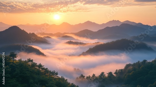 Sunrise Over Foggy Mountains