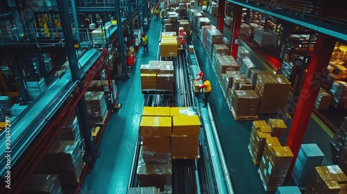 Wallpaper Mural A busy automated warehouse with workers handling packages, conveyor belts moving boxes, and shelves stacked with goods, highlighting efficient logistics... Torontodigital.ca