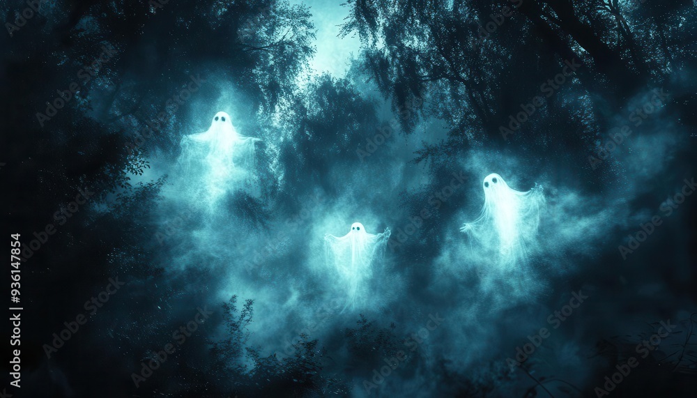 Spooky Halloween night legends with ghostly apparitions floating through a dark forest, captured in eerie lighting, Spooky, Cool Tones, Atmospheric Spooky Halloween night legends with ghostly apparitions floating through a dark forest, captured in eerie lighting, Spooky, Cool Tones, Atmospheric