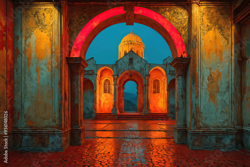 A beautiful setting with ancient lavish architecture, vintage wall, highlighted by striking blue and orange tones, Generative AI