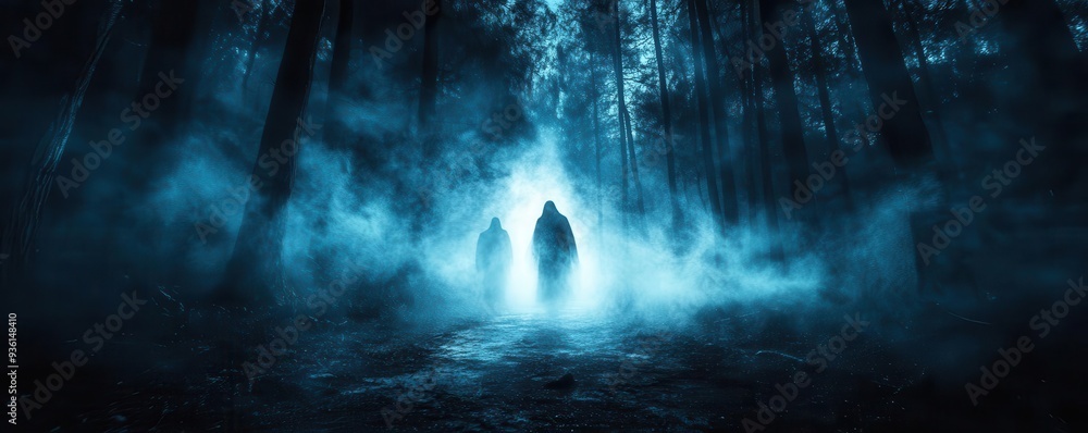 Spooky Halloween night myths with ghostly apparitions floating through a dark forest, captured in eerie lighting, Spooky, Cool Tones, Atmospheric Spooky Halloween night myths with ghostly apparitions floating through a dark forest, captured in eerie lighting, Spooky, Cool Tones, Atmospheric