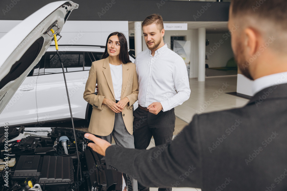 A salesman demonstrates a car with an open hood to an beautiful caucasian couple in a car dealership. A salesman demonstrates a car with an open hood to an beautiful caucasian couple in a car dealership.