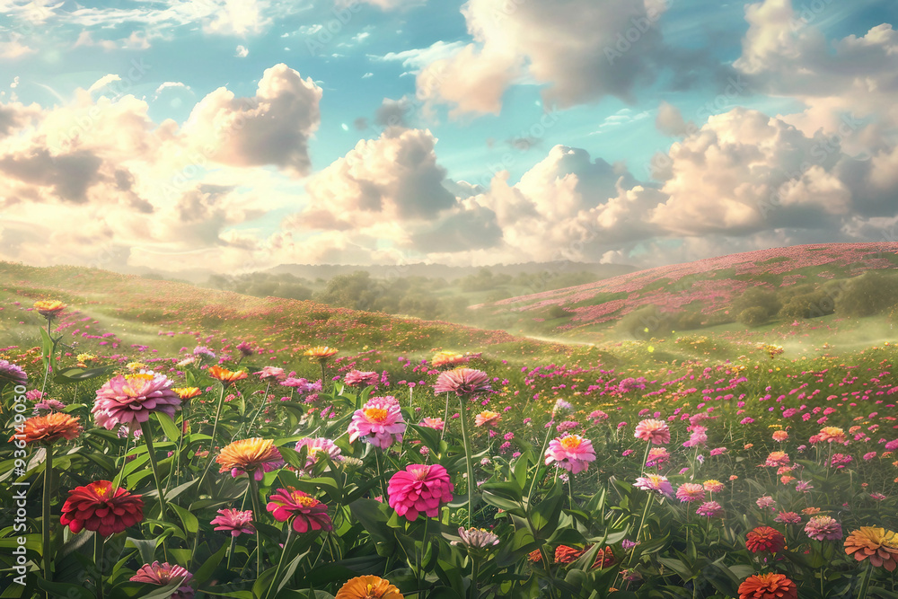 Dreamy Zinnia Field in a Serene Landscape Scene Dreamy Zinnia Field in a Serene Landscape Scene