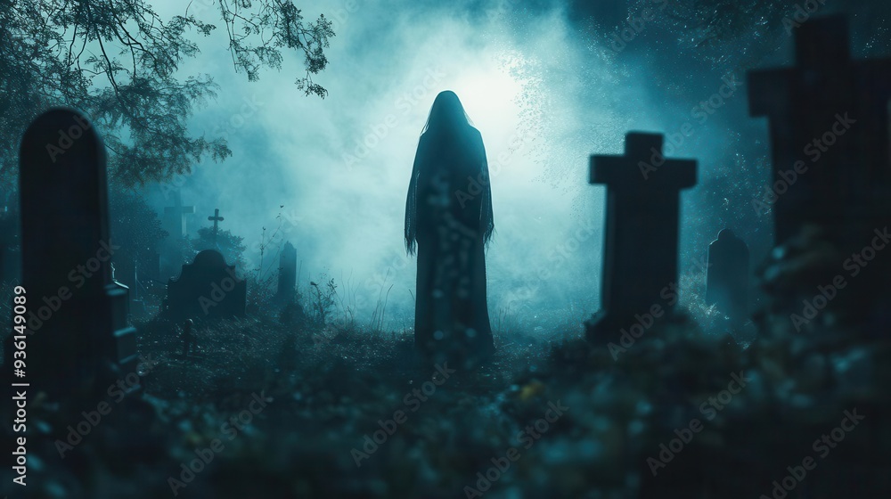 Spooky Halloween night spirit apparitions appearing in a dark graveyard, surrounded by fog and eerie light, Creepy, Cool Tones, Atmospheric Spooky Halloween night spirit apparitions appearing in a dark graveyard, surrounded by fog and eerie light, Creepy, Cool Tones, Atmospheric