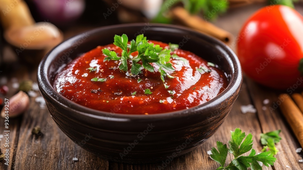 Tomato sauce in a brown bowl on a wooden surface Tomato sauce in a brown bowl on a wooden surface