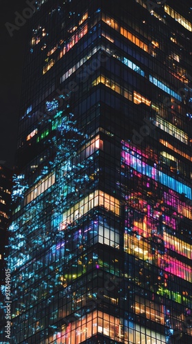 A Modern Skyscraper Illuminated at Night