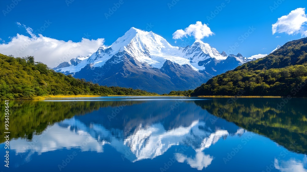 Majestic snow-capped mountains, turquoise lake, lush green forests, serene wilderness Majestic snow-capped mountains, turquoise lake, lush green forests, serene wilderness