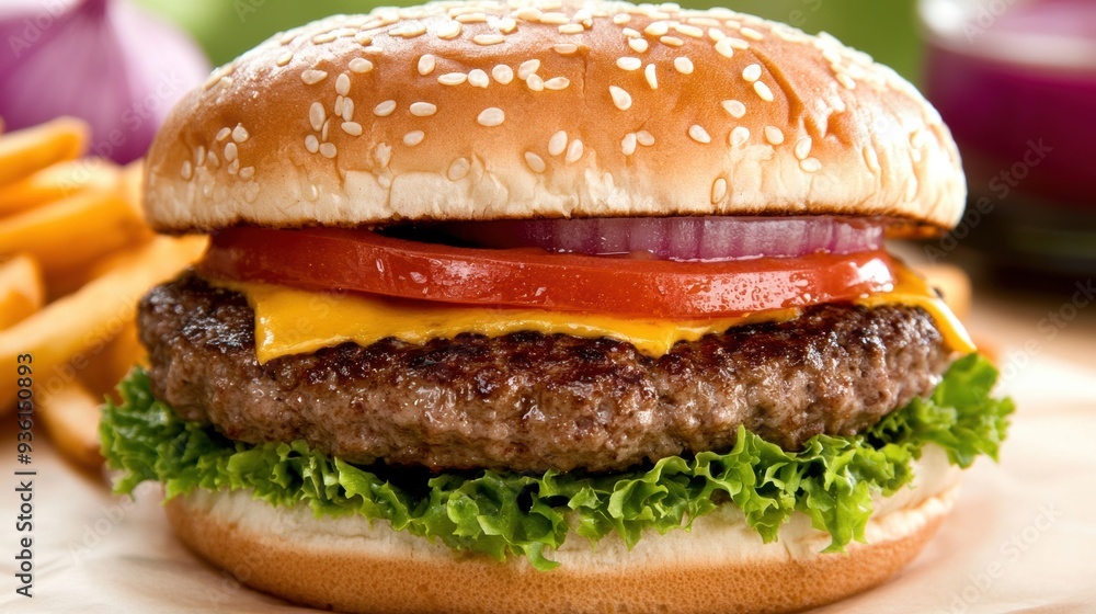 A close up of a hamburger with cheese, onions and tomatoes, AI A close up of a hamburger with cheese, onions and tomatoes, AI