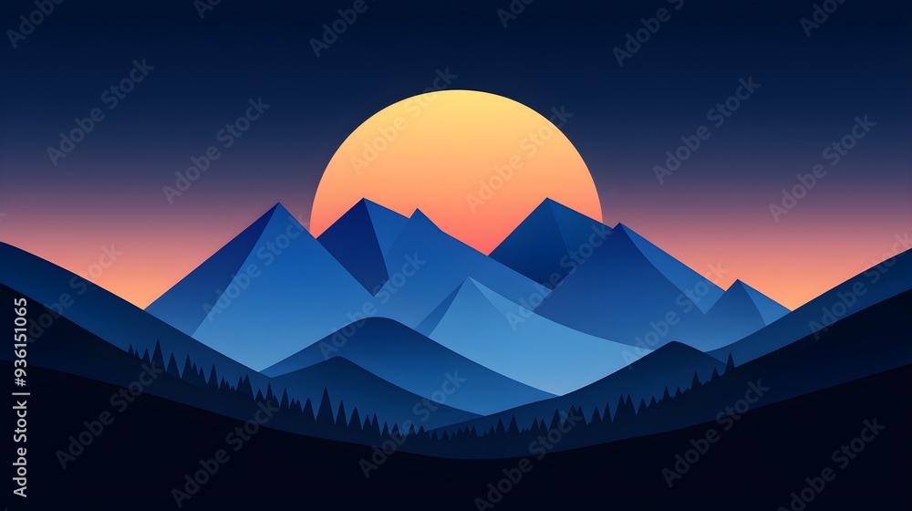 Minimalist mountain landscape, blue hues, serene twilight sky Minimalist mountain landscape, blue hues, serene twilight sky