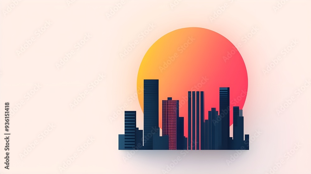 Fototapeta premium Minimalist skyline, sunset hues, urban silhouette