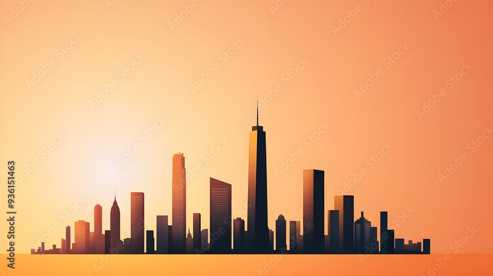 Fototapeta premium Modern city skyline, golden hour gradient, urban silhouette