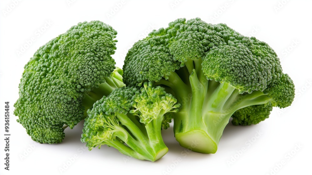 Three fresh broccoli florets isolated on white background. Three fresh broccoli florets isolated on white background.