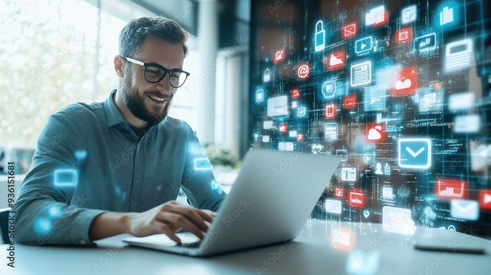 A man works on a laptop surrounded by glowing holographic data displays, representing modern technology and digital analytics... A man works on a laptop surrounded by glowing holographic data displays, representing modern technology and digital analytics...