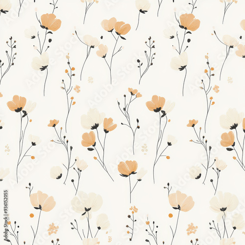 Seamless, Floral pattern, Hand-drawn flowers, Pastel colors, Minimalist design, Cute flowers, Soft colors, Simple drawing, White background, Negative space, Decorative design, Vector pattern