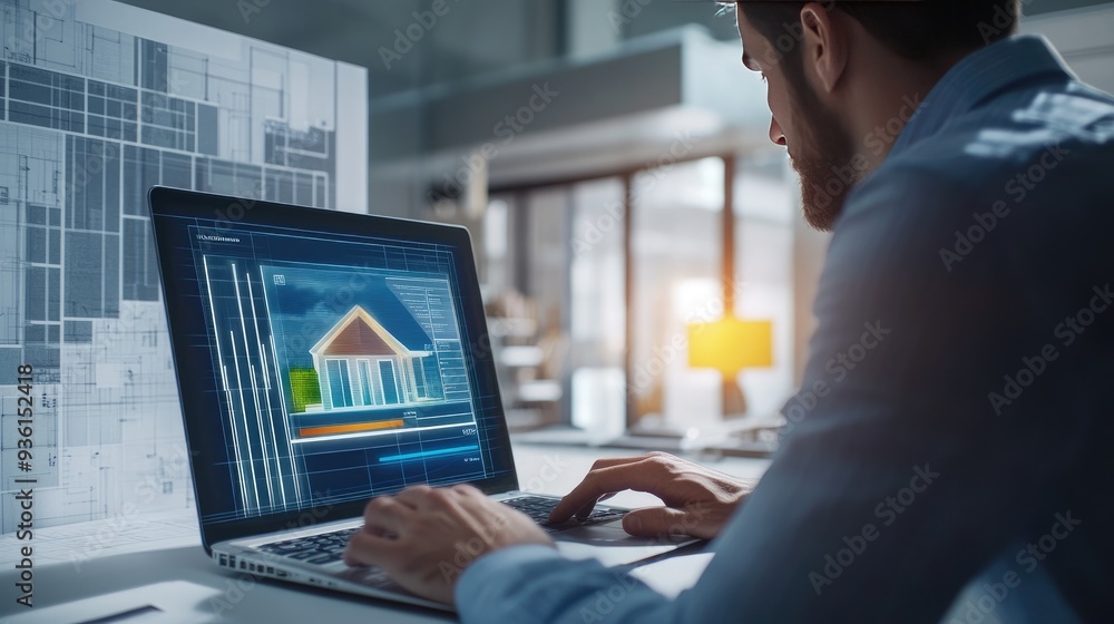An architect working on a modern house design using CAD software on a laptop, showcasing digital architectural planning and design... An architect working on a modern house design using CAD software on a laptop, showcasing digital architectural planning and design...