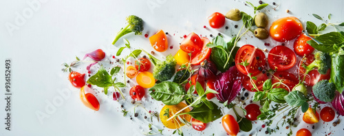 Fresh vegetables, including bell peppers, tomatoes, and herbs, are dramatically splashing in water, creating colorful droplets against a bright backdrop, emphasizing their freshness. photo