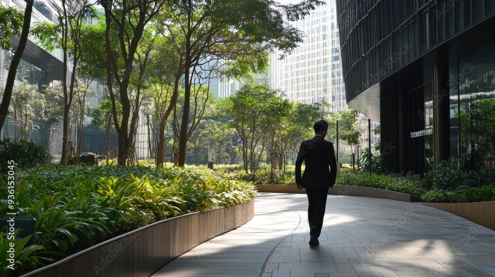 A businessman in a suit walks through a landscaped path towards a modern office building, carrying a briefcase... A businessman in a suit walks through a landscaped path towards a modern office building, carrying a briefcase...