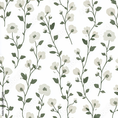 Seamless, Floral pattern, Hand-drawn flowers, Pastel colors, Minimalist design, Cute flowers, Soft colors, Simple drawing, White background, Negative space, Decorative design, Vector pattern