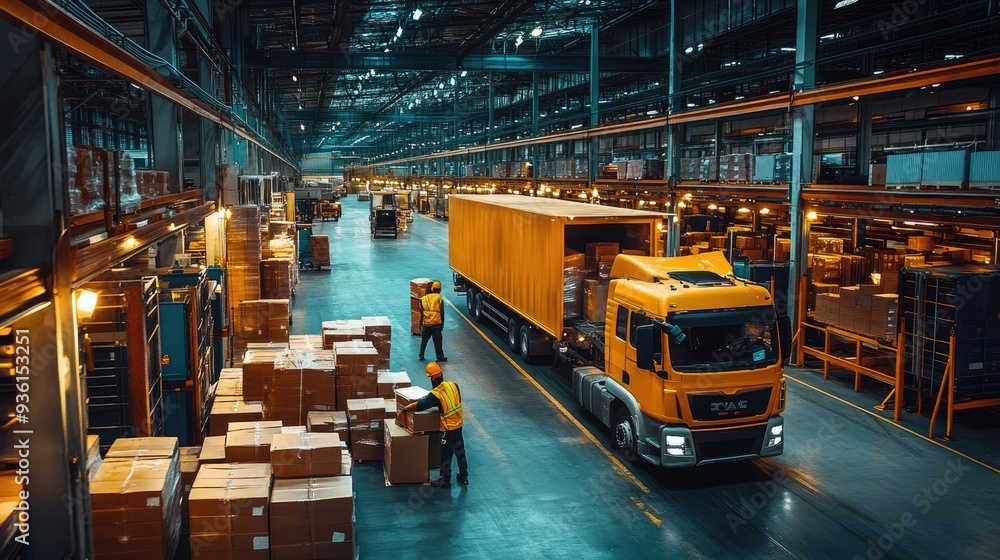 A bustling warehouse logistics and distribution center featuring workers loading boxes onto trucks, highlighting the efficiency of modern supply chain operations... A bustling warehouse logistics and distribution center featuring workers loading boxes onto trucks, highlighting the efficiency of modern supply chain operations...