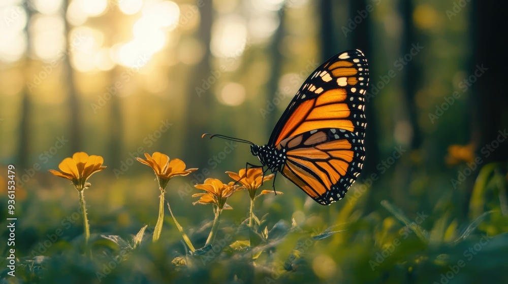 Close-up of a monarch butterfly perched on vibrant yellow wildflowers in a sunlit forest, capturing the serenity of nature... Close-up of a monarch butterfly perched on vibrant yellow wildflowers in a sunlit forest, capturing the serenity of nature...