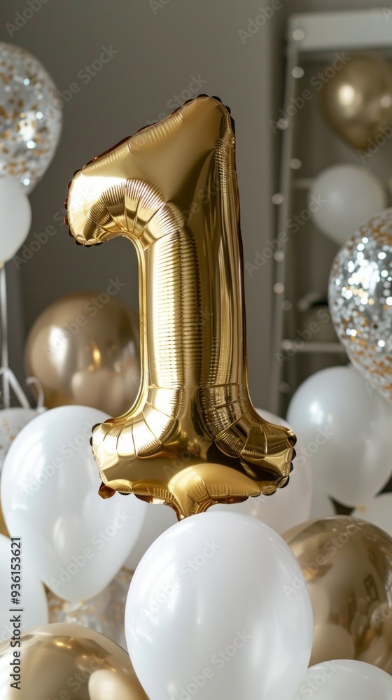 A vibrant gold foil balloon in the shape of the number one rises gracefully above a playful mix of white balloons and glimmering confetti balloons, creating a joyful atmosphere A vibrant gold foil balloon in the shape of the number one rises gracefully above a playful mix of white balloons and glimmering confetti balloons, creating a joyful atmosphere