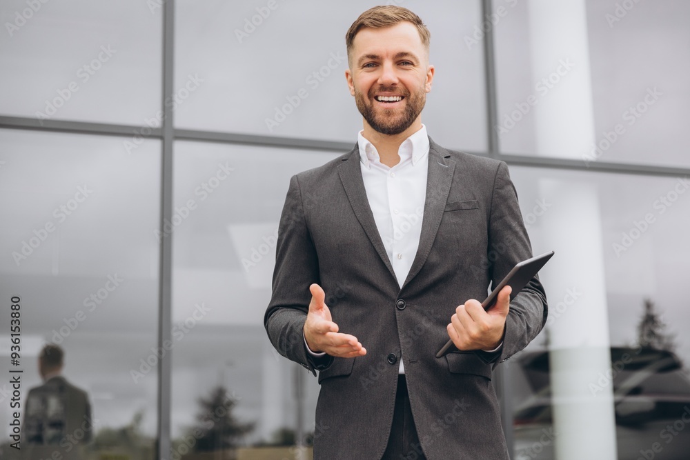 Portrait, smiling man at outside car dealership for car sale in a commercial parking. Business, luxury and automobile trade with a happy bearded salesman in suit outdoor for transport service Portrait, smiling man at outside car dealership for car sale in a commercial parking. Business, luxury and automobile trade with a happy bearded salesman in suit outdoor for transport service
