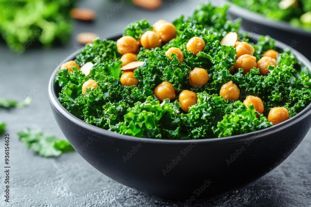 Kale Chickpea Salad: Healthy Vegan Brunch in Black Bowl with Roasted Almonds Kale Chickpea Salad: Healthy Vegan Brunch in Black Bowl with Roasted Almonds