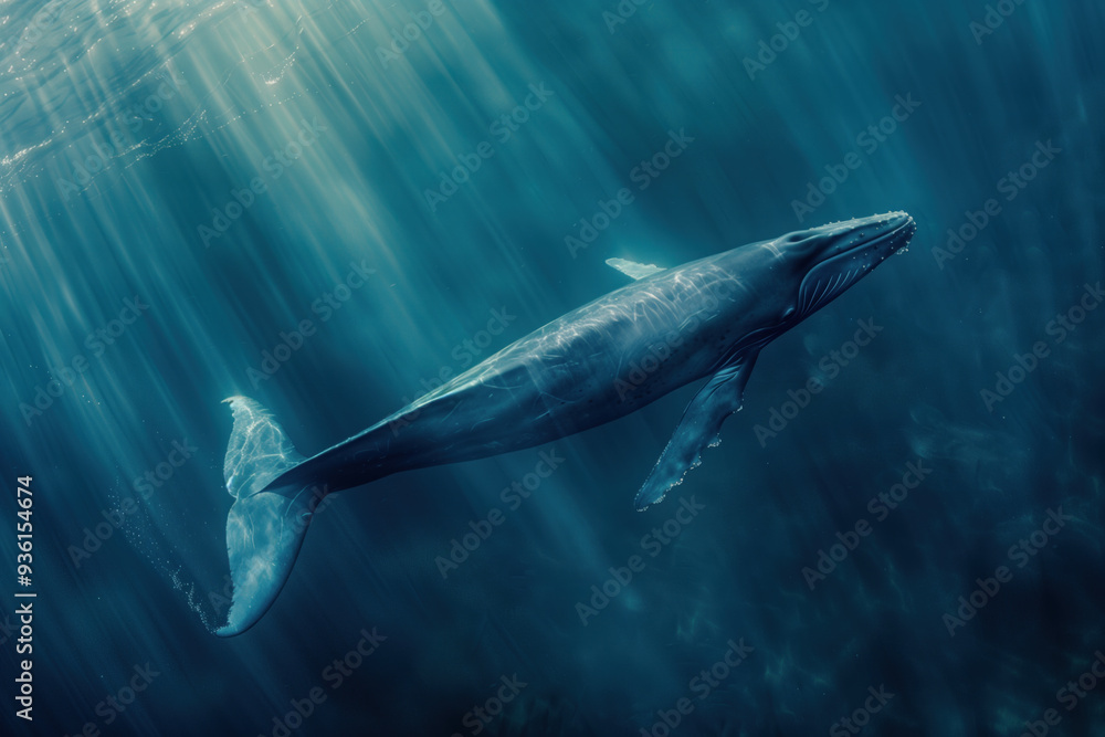 Naklejka premium Blue whale swimming in sunlit ocean depths