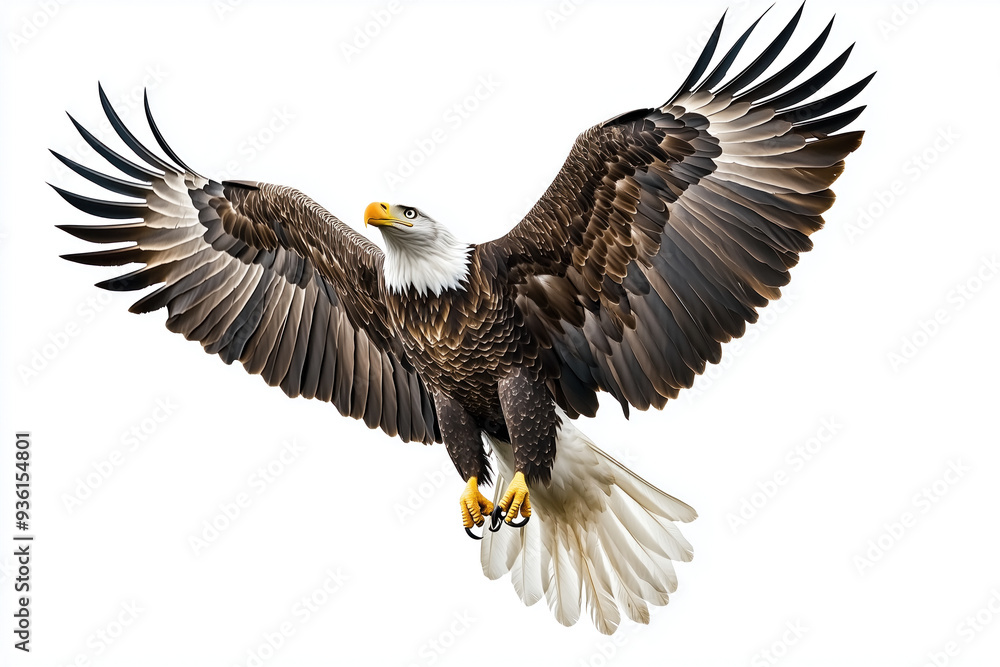 Obraz premium Isolated bald eagle soaring across a white background
