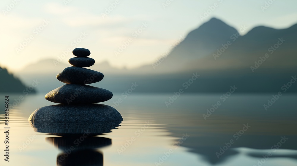 Zenith of Serenity: Tranquil stacked stones find their balance amidst a misty mountain lake, mirroring the pursuit of inner peace at dawn. Zenith of Serenity: Tranquil stacked stones find their balance amidst a misty mountain lake, mirroring the pursuit of inner peace at dawn.