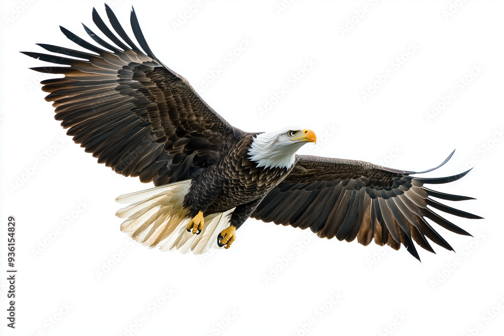 Fototapeta premium Isolated bald eagle soaring against a white background