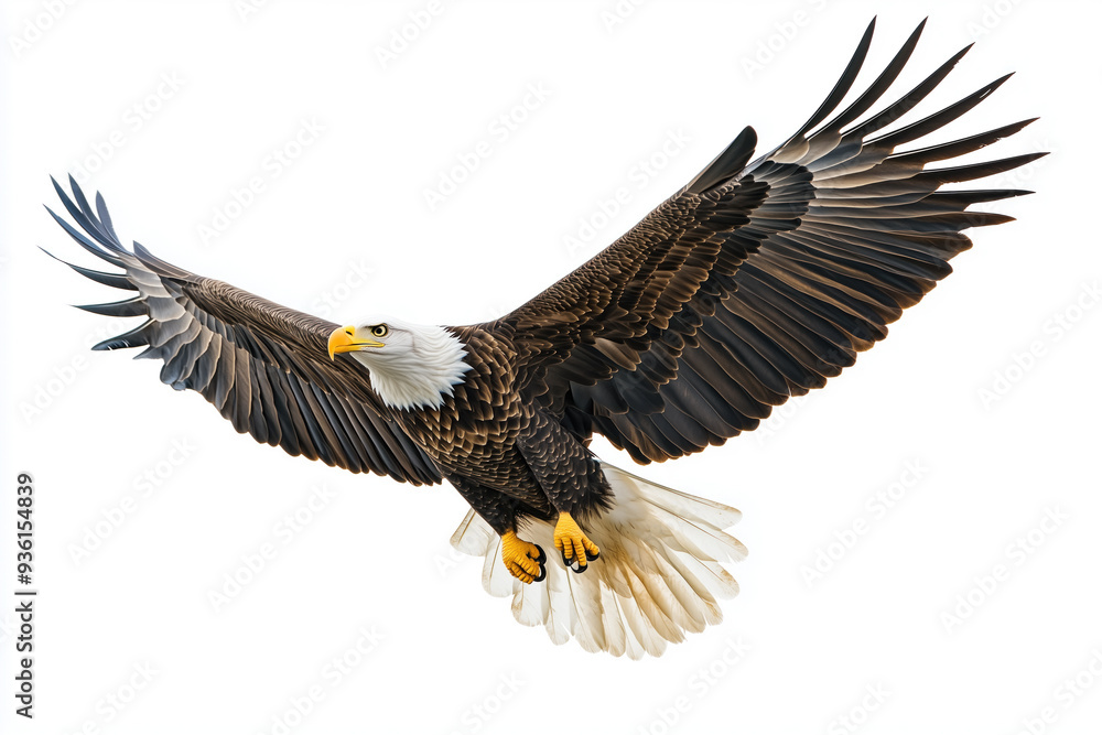 Obraz premium Bald eagle in mid-flight against a clean white background