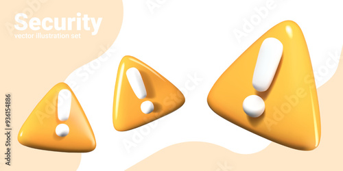 Yellow triangle with exclamation mark. Vector 3D model in different positions